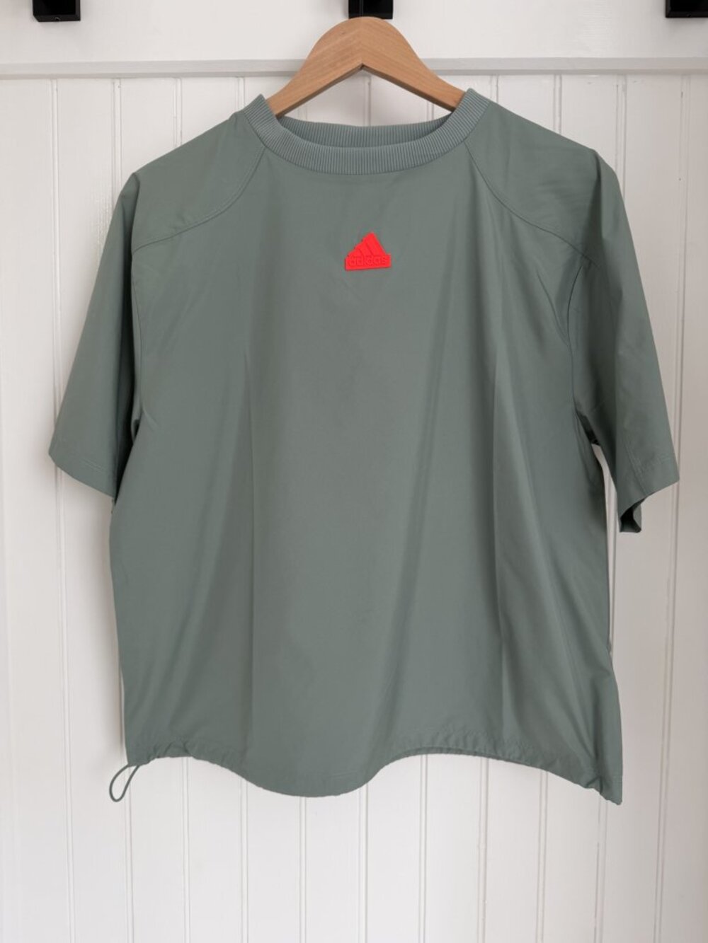 adidas City Escape Loose Fit Tee — Silver Green Oversized Woven Top, XS NWT